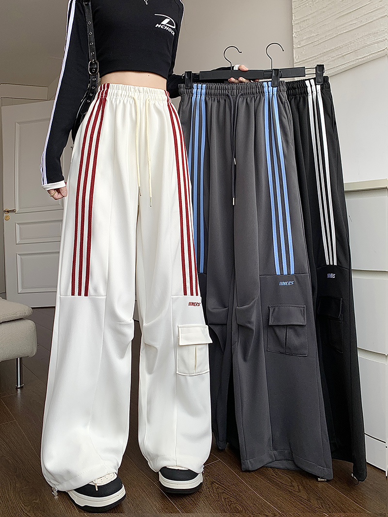 大碼S-4XL  美式三條槓休閒運動褲男女款寬鬆多口袋闊腿工裝褲