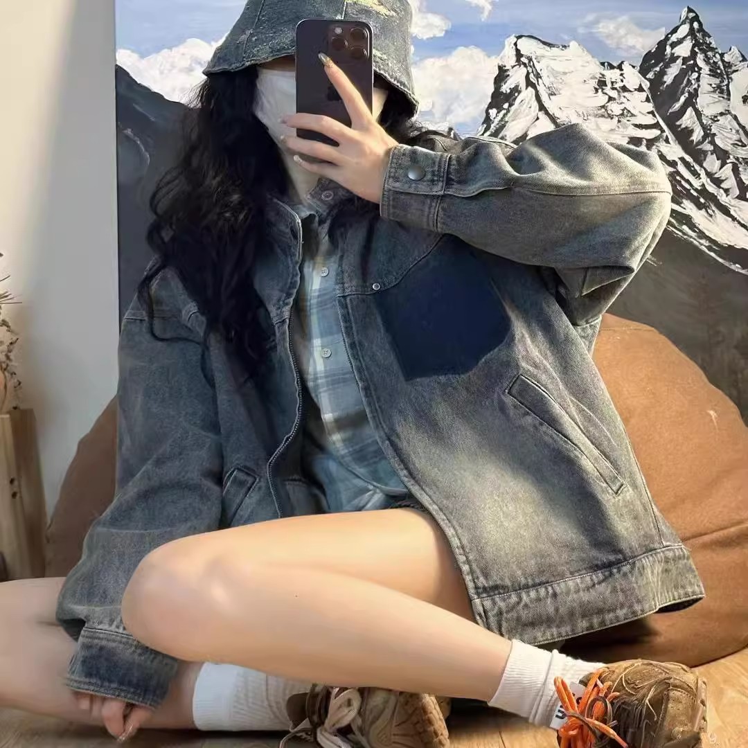 水洗做舊牛仔外套女春秋季美式復古立領寬鬆百搭男女款夾克上衣潮