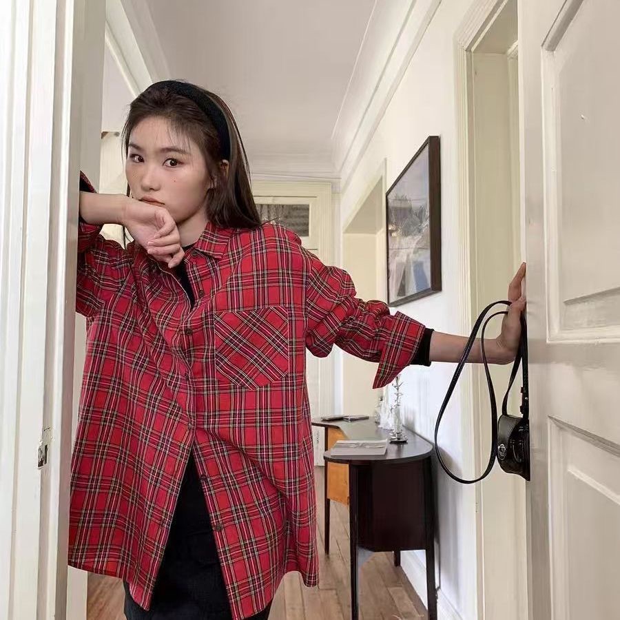 全棉復古格子襯衫女美式寬鬆翻領長袖女早秋新款慵懶風小個子襯衫