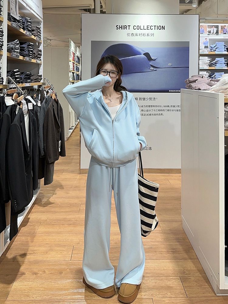 運動服套裝女春秋季寬鬆時尚鹽系連帽衛衣闊腿褲休閒兩件套跑步潮