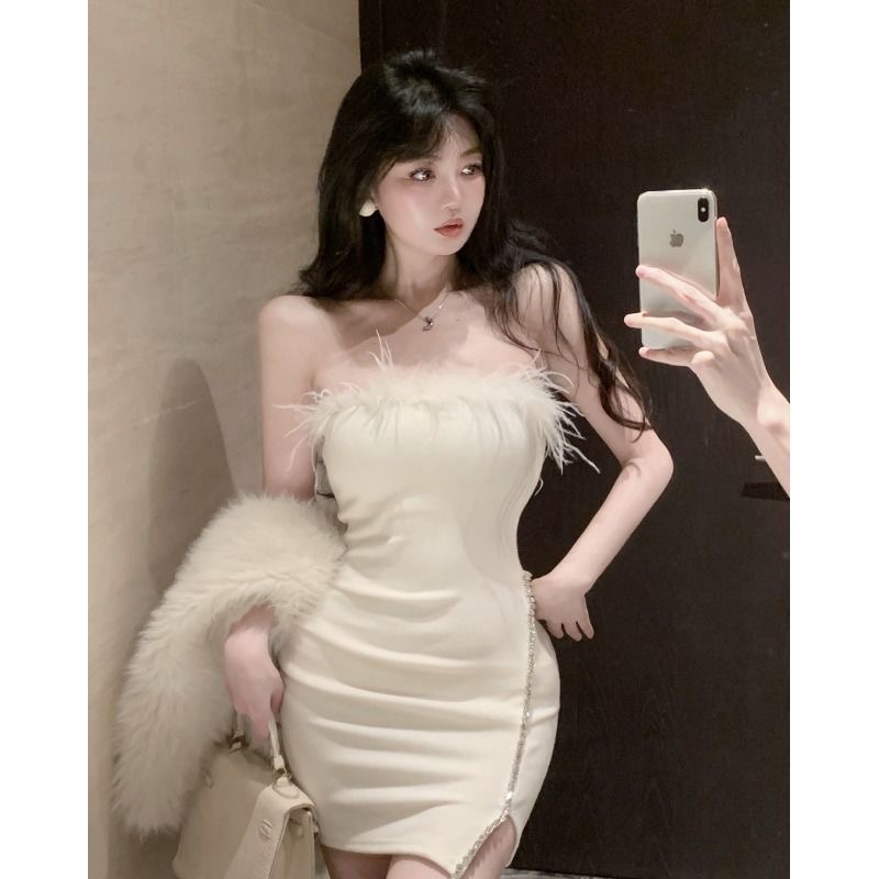 法式高級感生日party禮服小媽抹胸連衣裙女收腰甜辣羽毛包臀短裙