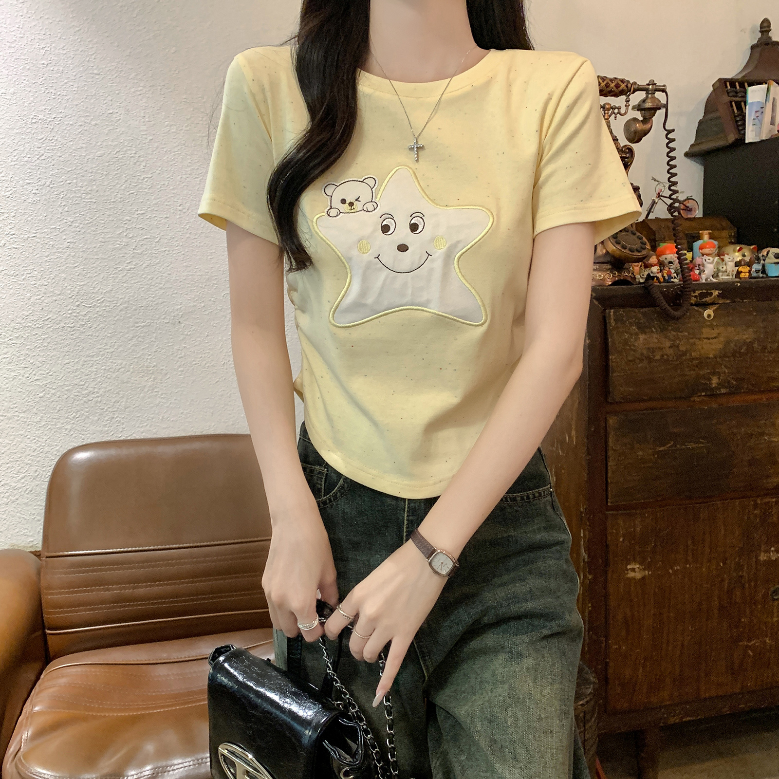 實拍210克螺紋短袖t恤女2025夏季新款刺繡花修身正肩短款圓領上衣