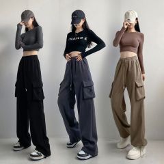 Women's New High-Waisted Loose Tapered Full-Length Casual American Sport Style Sweat Pants with Flannel