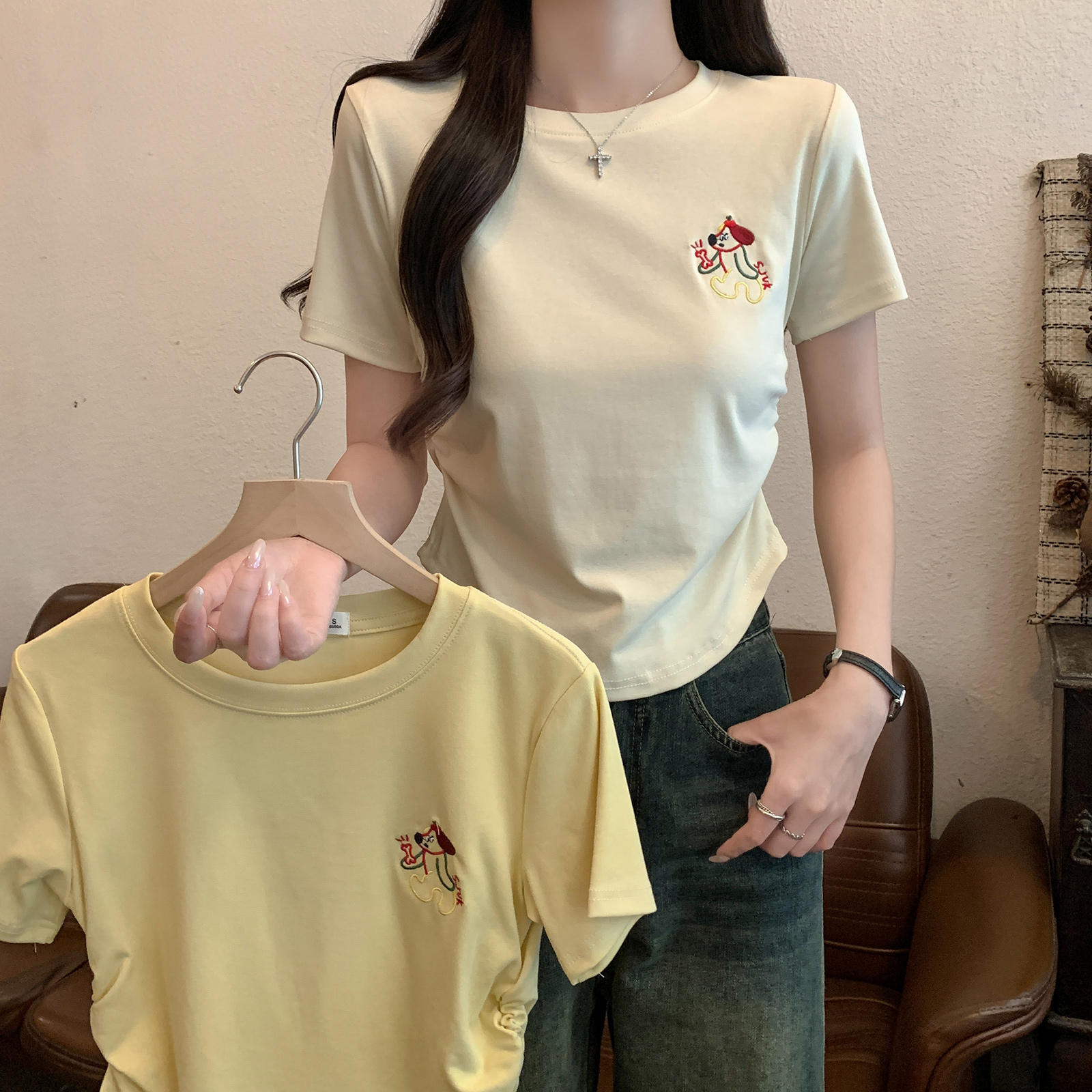 實拍1比1螺紋短袖t恤夏2025潮流刺繡花修身短款圓領上衣韓版女裝