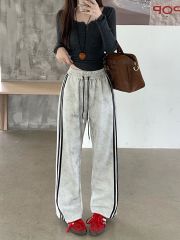 實拍休閒褲女2025早春髒髒復古做舊水洗鬆緊高腰休閒運動闊腿長褲