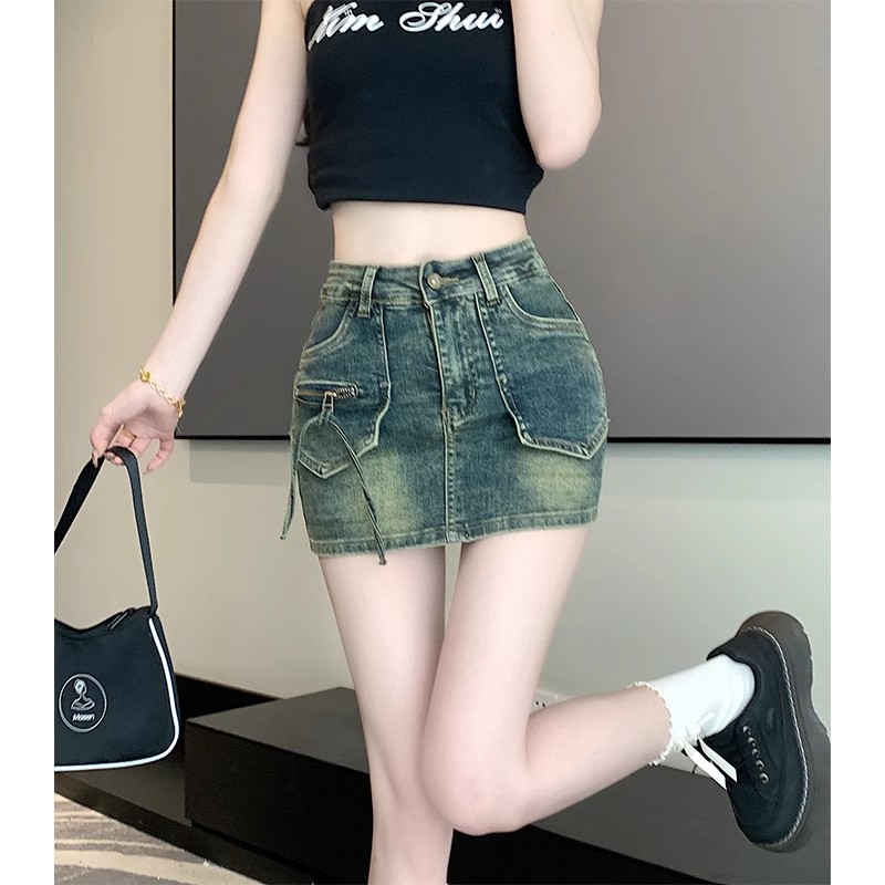 做舊包臀a字牛仔短裙褲女夏季新款顯瘦高腰復古半身裙子潮ins