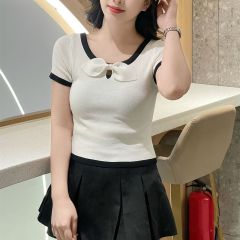 Sweet Bow-Knot Hollowed-Out Contrast-Color Trimmed Short-Sleeve Knitted T-Shirt for Women, 2025 Spring – Slimming, Figure-Friendly, Cropped Top