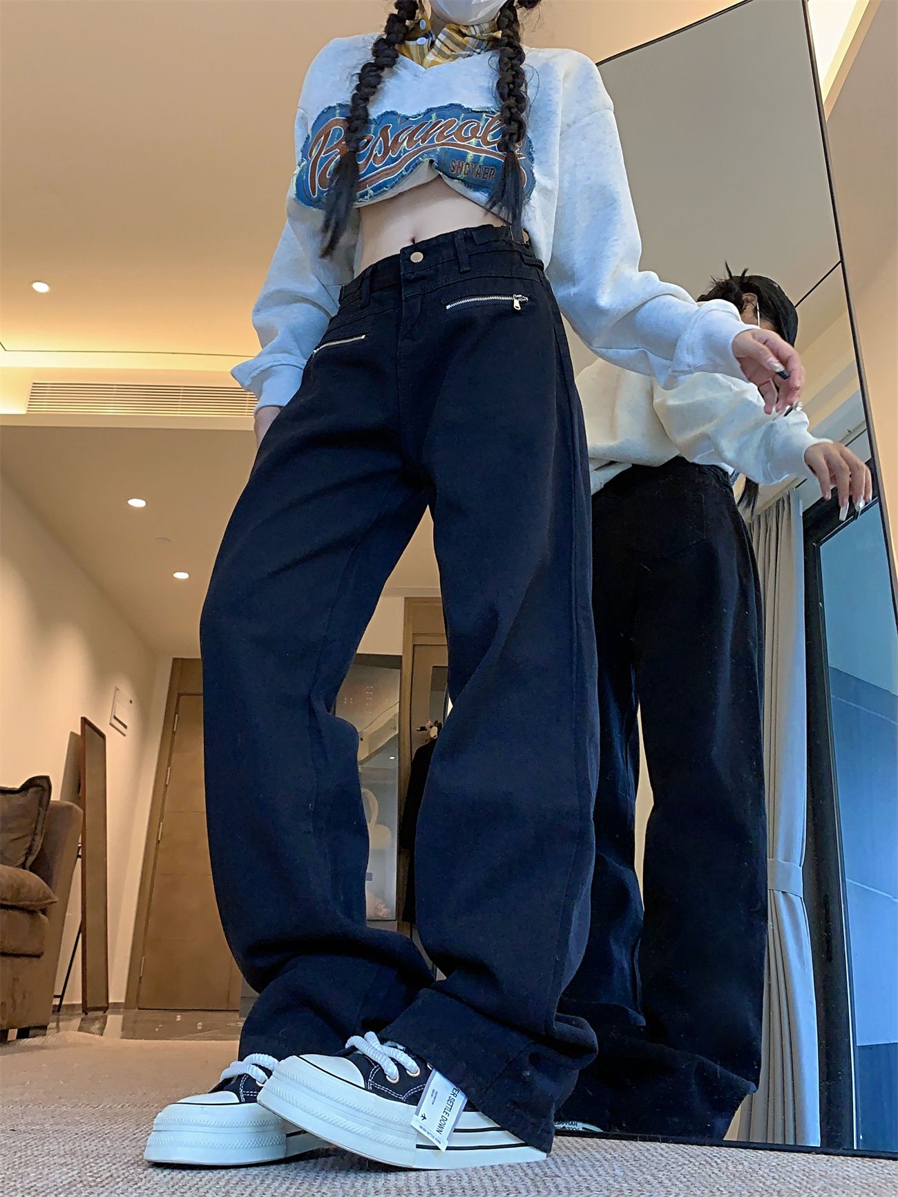 實拍！！！高街黑色直筒工裝褲女個性氣質寬鬆顯瘦百搭長褲子