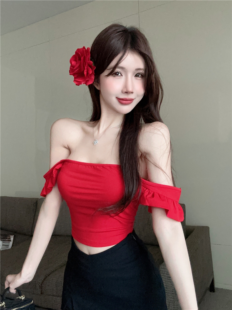 泰式紅色無袖吊帶背心方領短款小飛袖上衣女