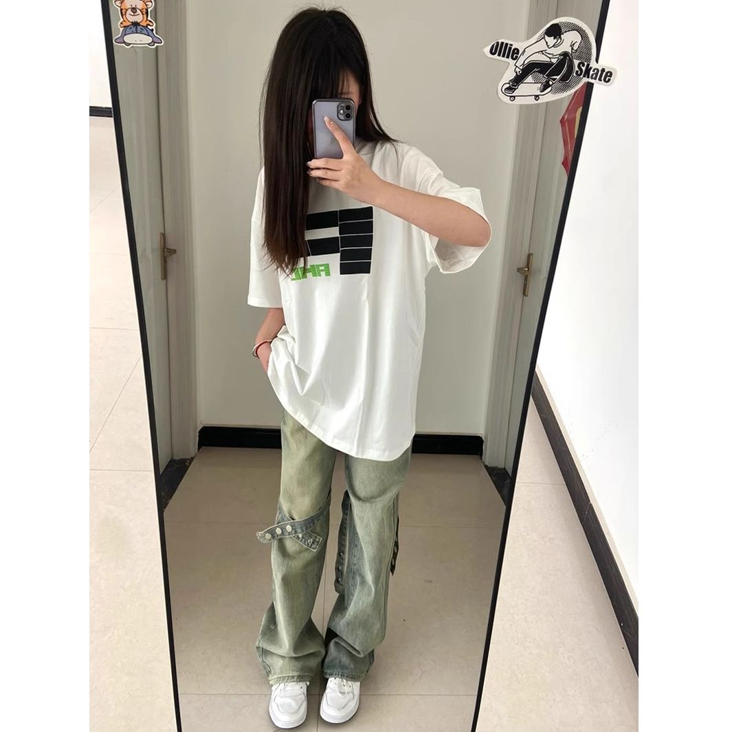 歐美式復古vibe風綁帶牛仔褲女夏季新款高街寬鬆直筒褲子