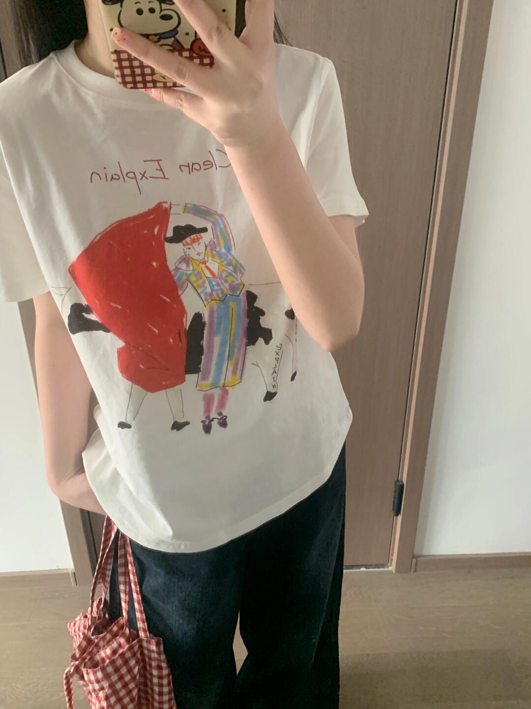 High-quality pure cotton 200g combed tight 100% cotton live broadcast same product front printed loose short-sleeved T-shirt for women