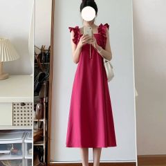 法式高級感玫紅色小飛袖吊帶連衣裙多巴胺收腰顯瘦別致絕美裙子夏
