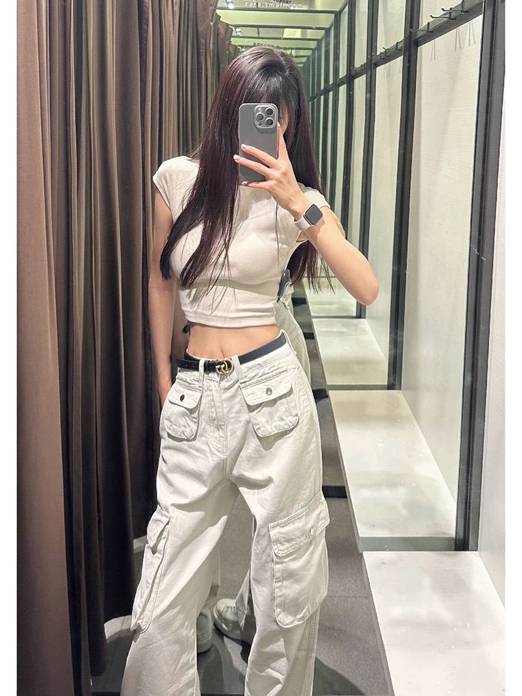 白色工裝牛仔褲女春季新款韓版高腰顯瘦設計感小眾窄版闊腿拖地褲