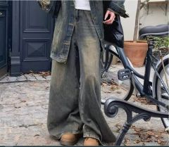 American Retro Instagram Street Casual Washed and Whitened Loose and Slimming Wide Leg Floor-Length Pants for Petite Women