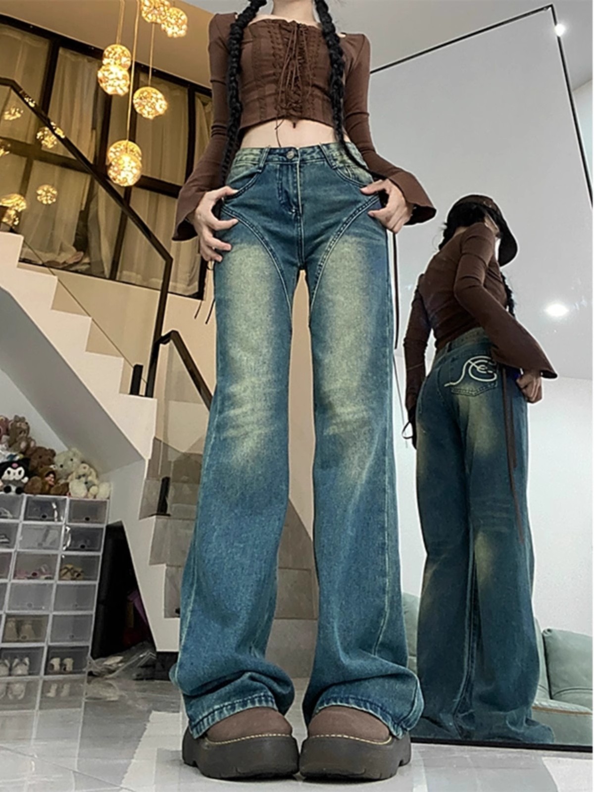 美式做舊闊腿牛仔褲女春夏季新款煙管顯瘦寬鬆拖地直筒褲子潮