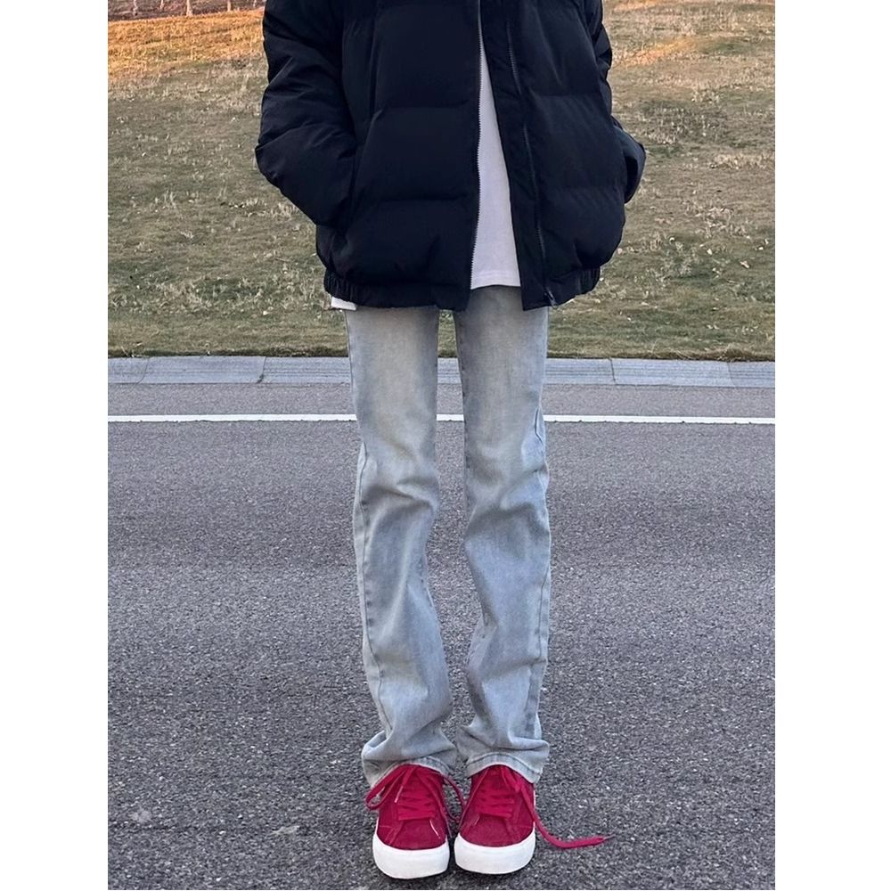 復古淺藍百搭窄版直筒牛仔褲女春季顯瘦彈力闊腿垂墜感拖地長褲子