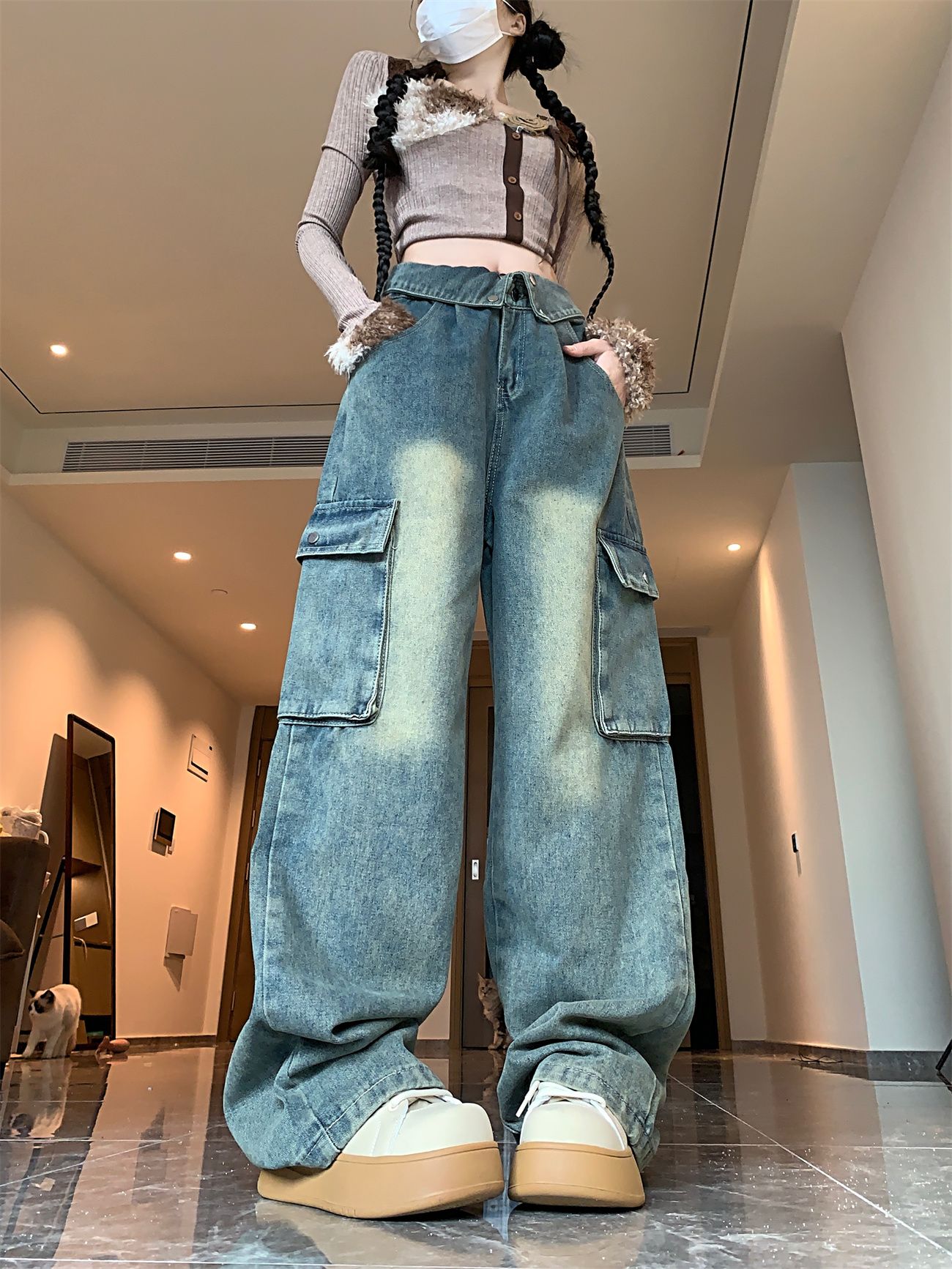 實拍！！！牛仔褲ins寬鬆休閒新款小眾工裝褲女水洗百搭復古