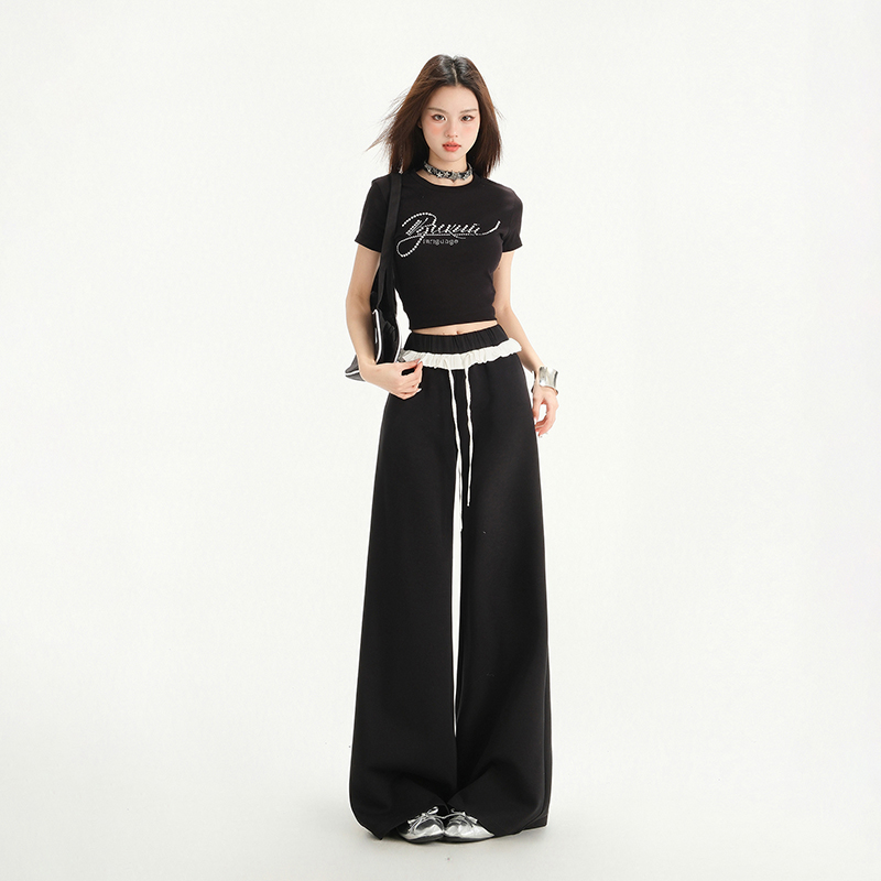 Real shot of 25 spring and summer new lace contrast design elastic waist drooping sports slightly loose flared casual sweatpants for women