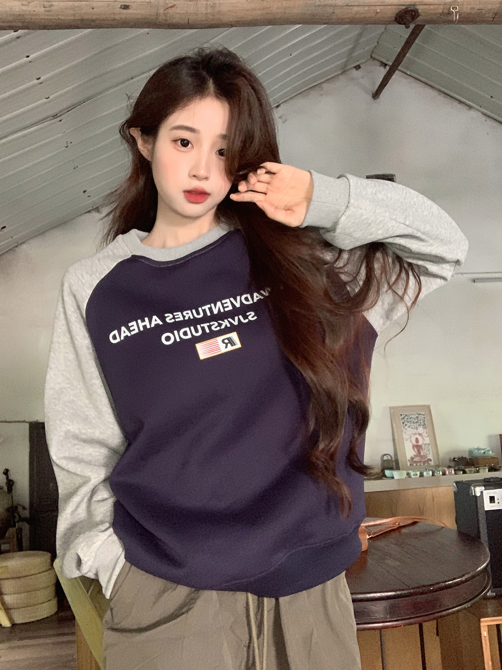 實拍衛衣男女情侶裝薄款2025早春潮插肩袖寬鬆設計感圓領韓版上衣