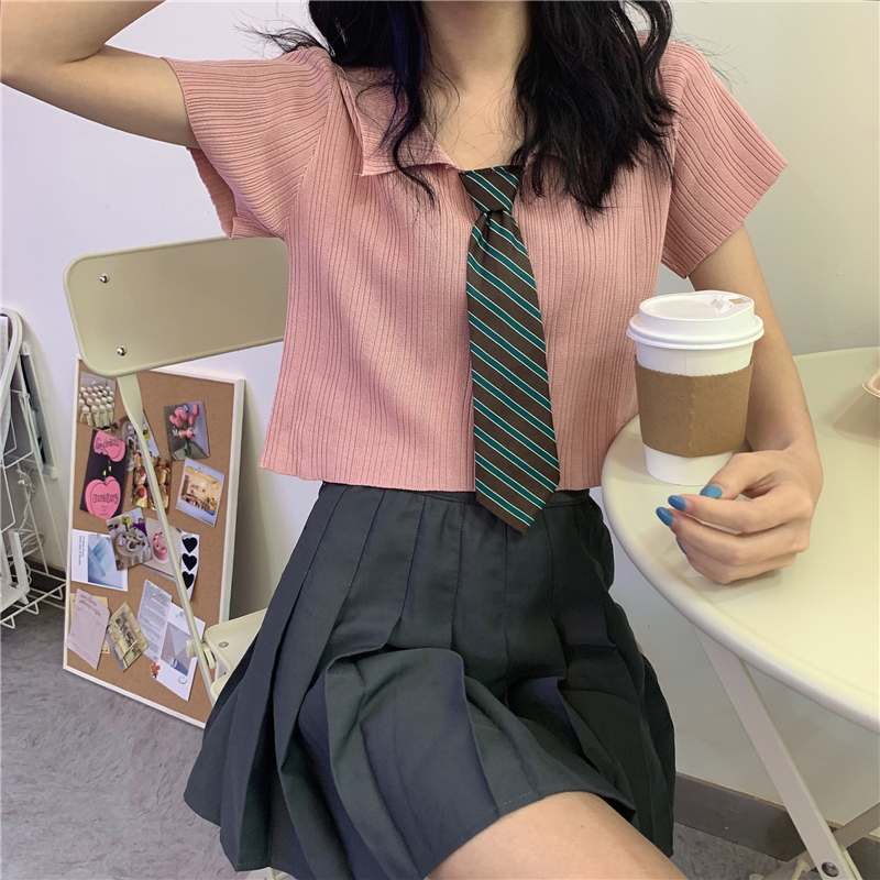 夏季2025新款設計感polo領帶針織短袖t恤女ins潮短款露臍上衣