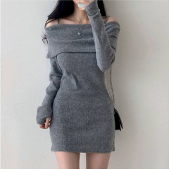 Korean chic autumn/winter petite sexy off-shoulder V-neck ribbed knit dress with high-waisted mini skirt
