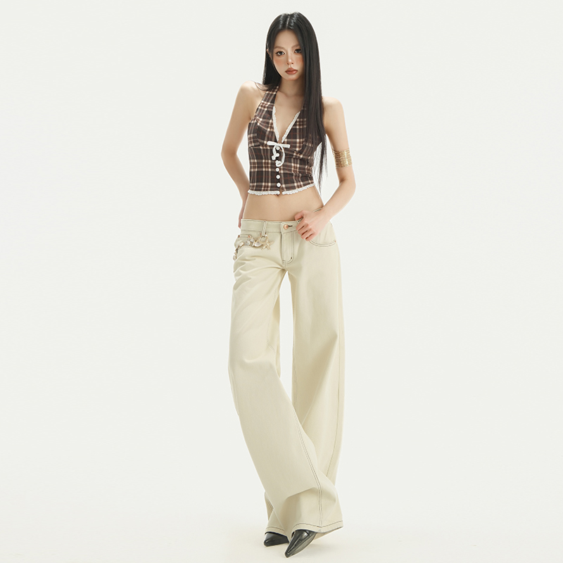 Real shot 25thootd American hot girl low waist apricot wide-leg denim spring new style loose slim straight floor pants