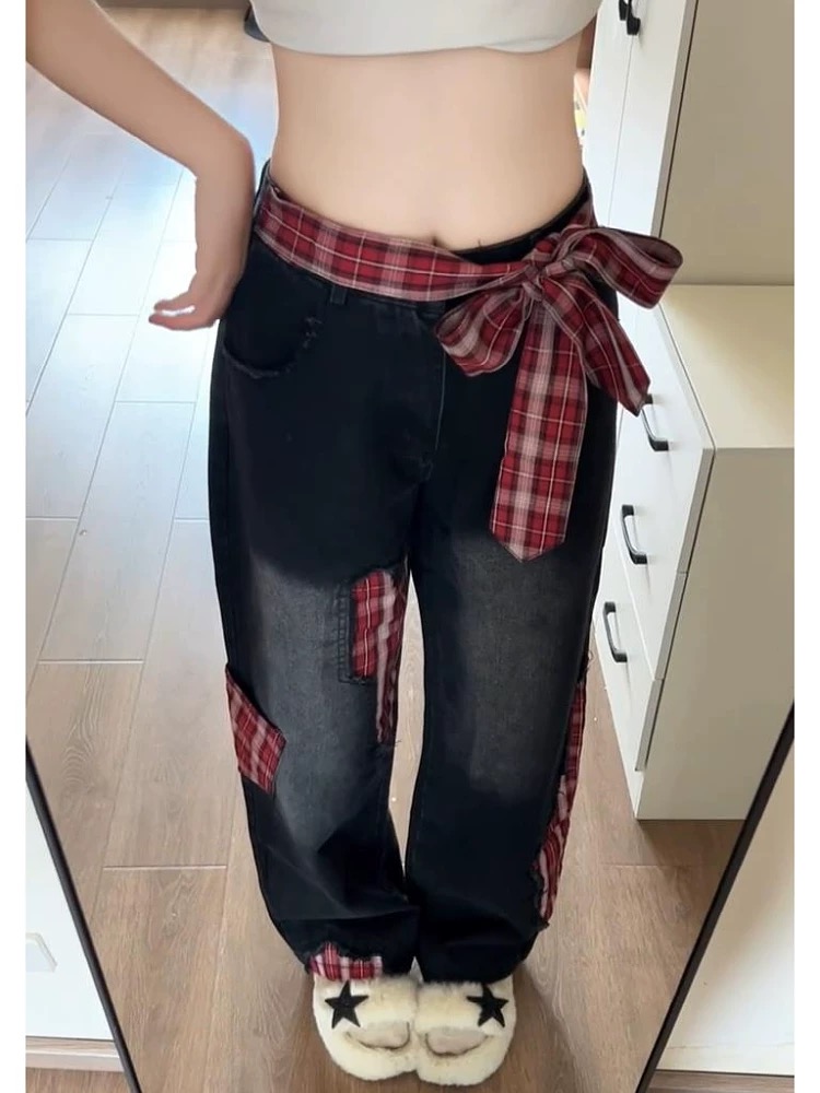 蝴蝶結綁帶格子拼接牛仔褲女春季新款美式小個子高腰寬鬆闊腿褲子