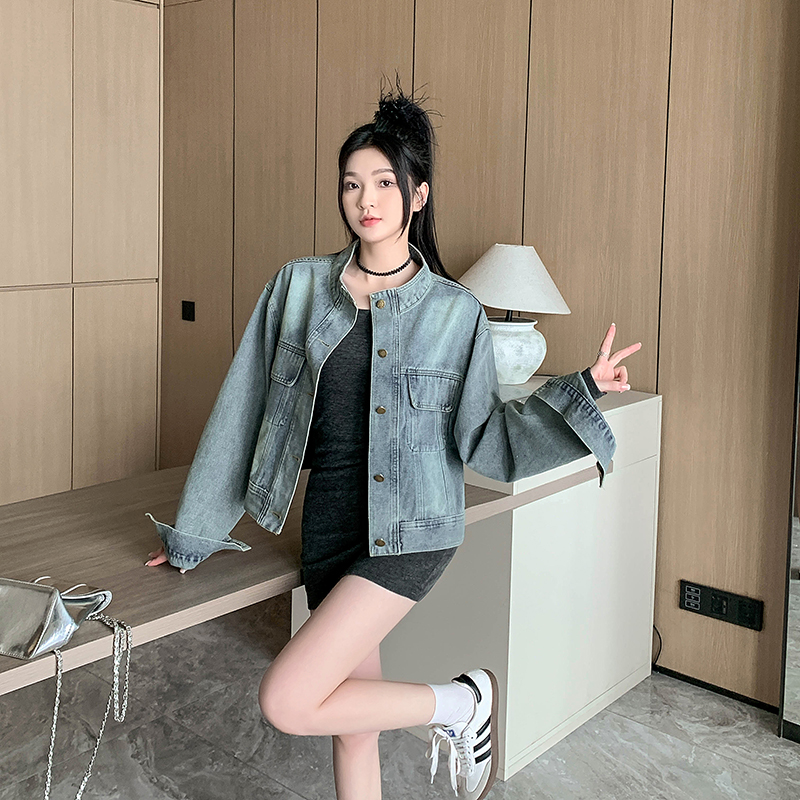 實拍~復古水洗立領長袖牛仔外套女秋季休閒寬鬆百搭短款上衣