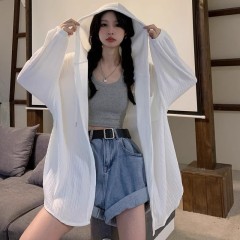 White long-sleeve sun shirt for women - summer new versatile long-sleeve loose open hoodie thin coat