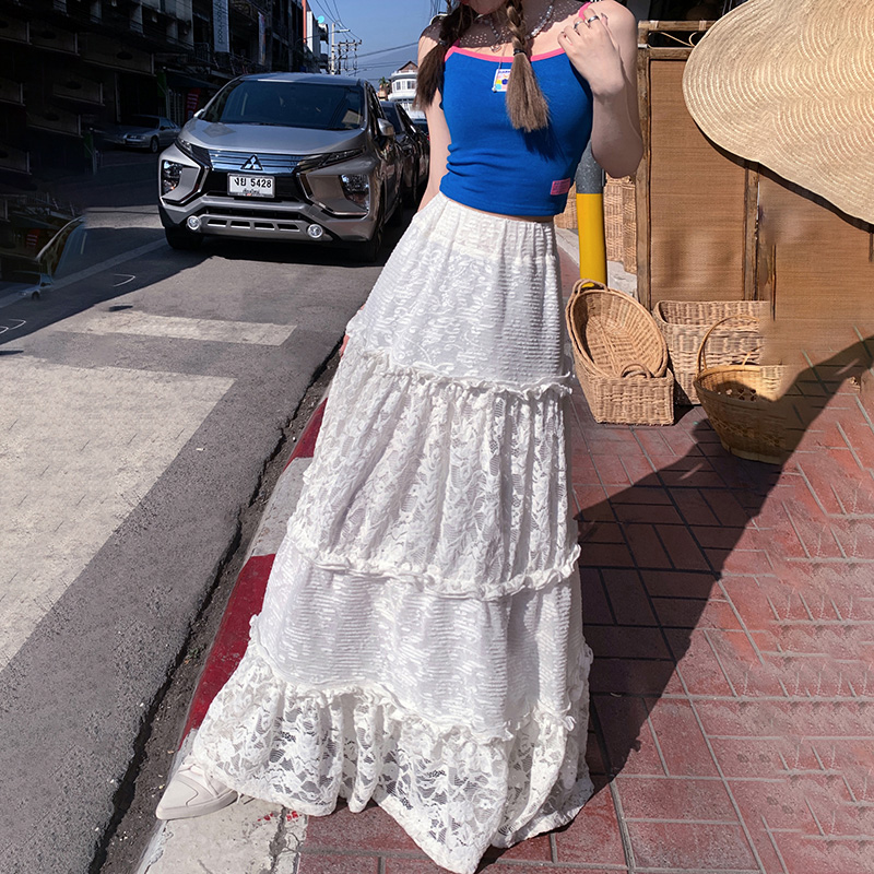 Real shot of retro high waist cake skirt lace hollow A-line skirt niche design slim long skirt skirt spring and summer