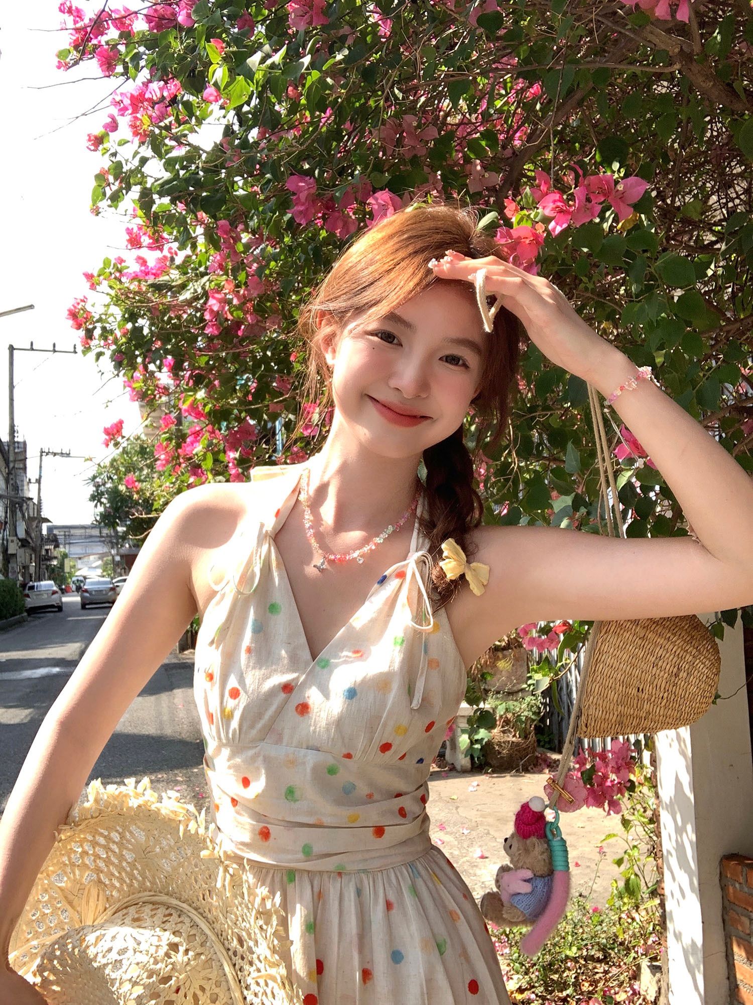 甜美風彩虹波點掛脖吊帶裙女法式氣質收腰顯瘦中長款v領連衣裙子
