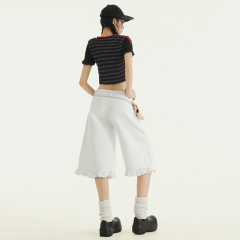 Real shot of 25th ruffle-brown dark blue denim trousers low waist loose niche design slightly flared medium pants