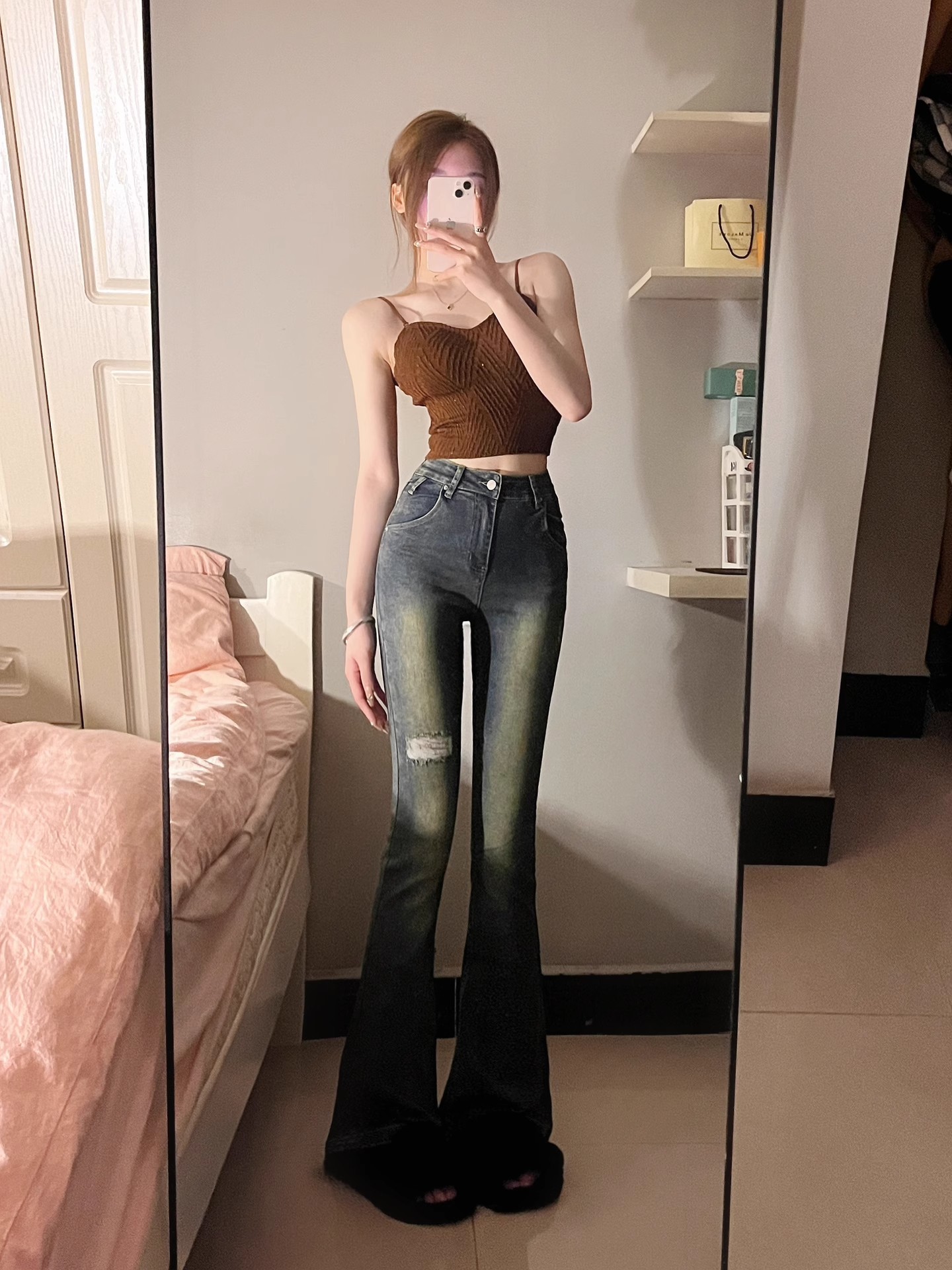 復古破洞微喇牛仔褲女2025年秋季新款辣妹高腰闊腿顯瘦馬蹄喇叭褲