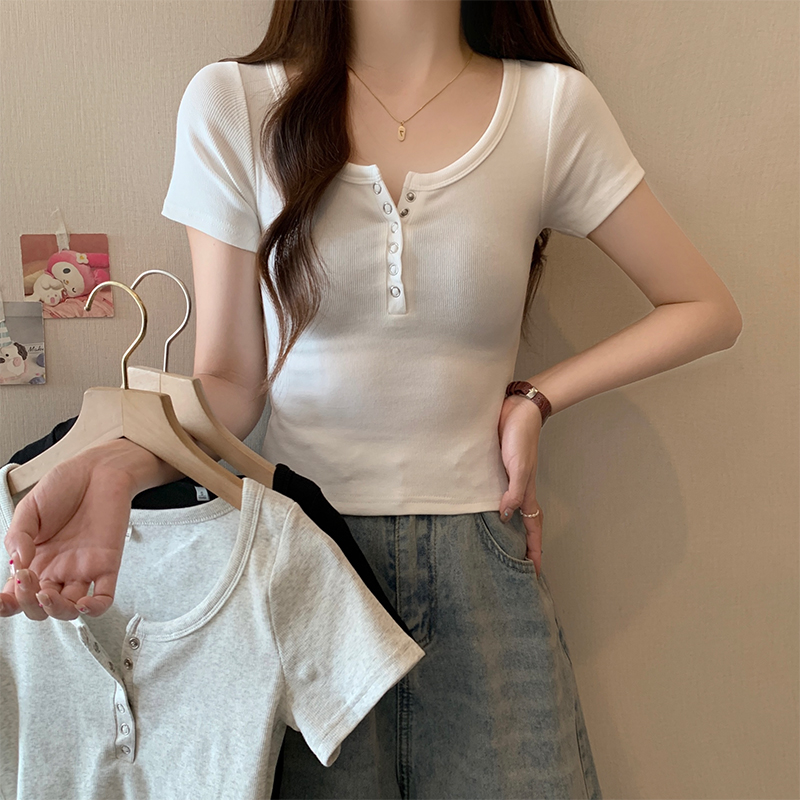 實拍 2025年夏裝紐扣半開U領修身短袖t恤女