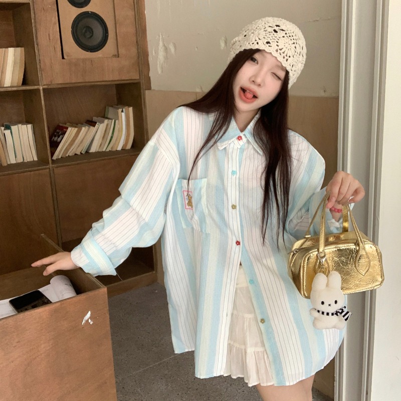 實拍薄荷冰藍質感豎條紋長袖襯衫薄外套女2025春季百搭設計感疊穿