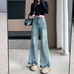 Real-shot ~ Women's New Arrival American Vintage Wide-Leg Denim Pants, High-Waisted, Loose-Fitting, Flowy Straight-Style Denim Long Trousers