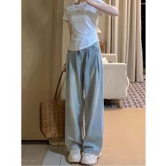 淺藍色闊腿牛仔褲女春秋新款寬鬆顯瘦梨形身材高腰直筒拖地長褲潮