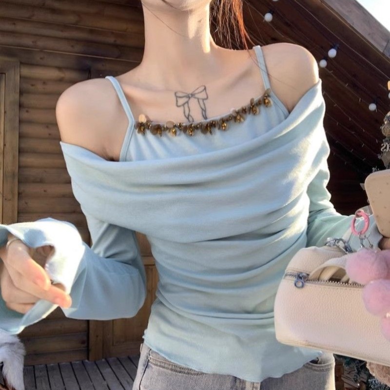 拼接假兩件亮片吊帶長袖T恤女秋冬褶皺修身純欲藍色顯瘦打底上衣