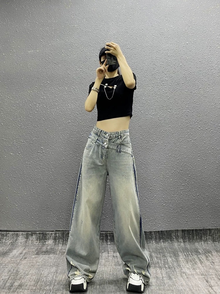 個性高腰設計側邊拼色破洞牛仔褲女春新款寬鬆顯瘦百搭直筒闊腿褲