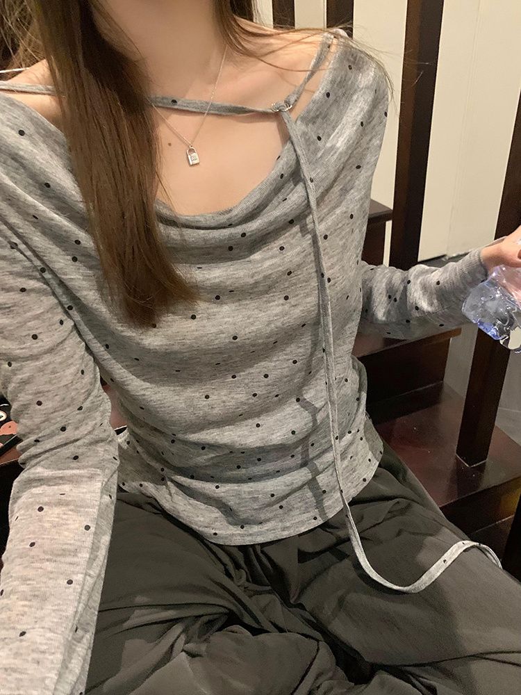 純欲波點系帶盪領長袖T恤女裝不規則褶皺修身顯瘦上衣