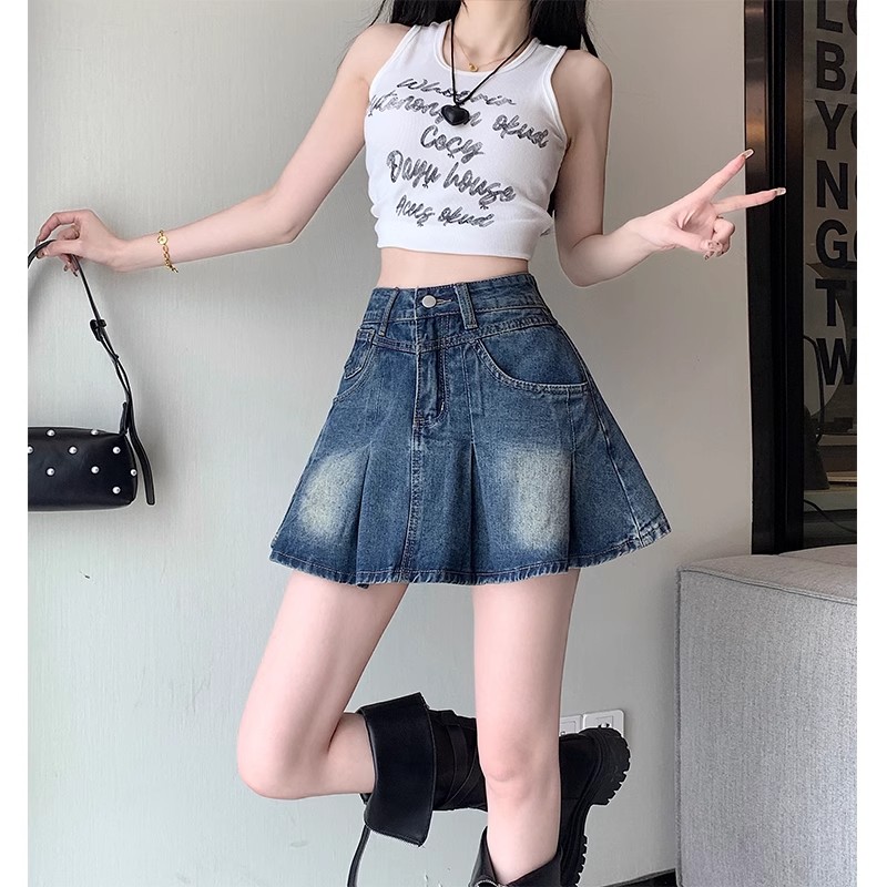 夏季新款顯瘦牛仔百褶裙女高腰百搭大碼復古半身裙子短裙潮