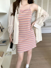 Pink Striped Strappy Dress 2025 Summer Fashion Spice Girl Style Slimming Dress Trendy Youthful Girls Short Skirt