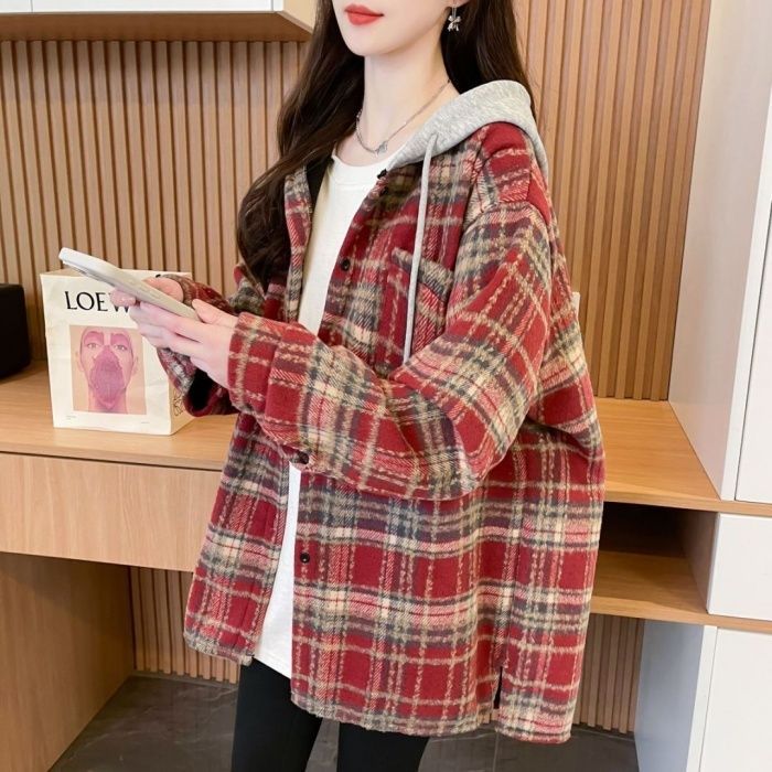 Real photo of original cloth plaid back collar quality hooded plaid thin spring and autumn shirt mid-length jacket