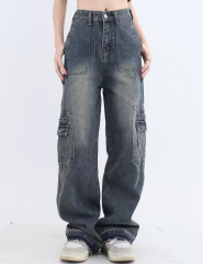 美式復古高腰牛仔褲女水洗設計感小眾寬鬆直筒高街工裝褲