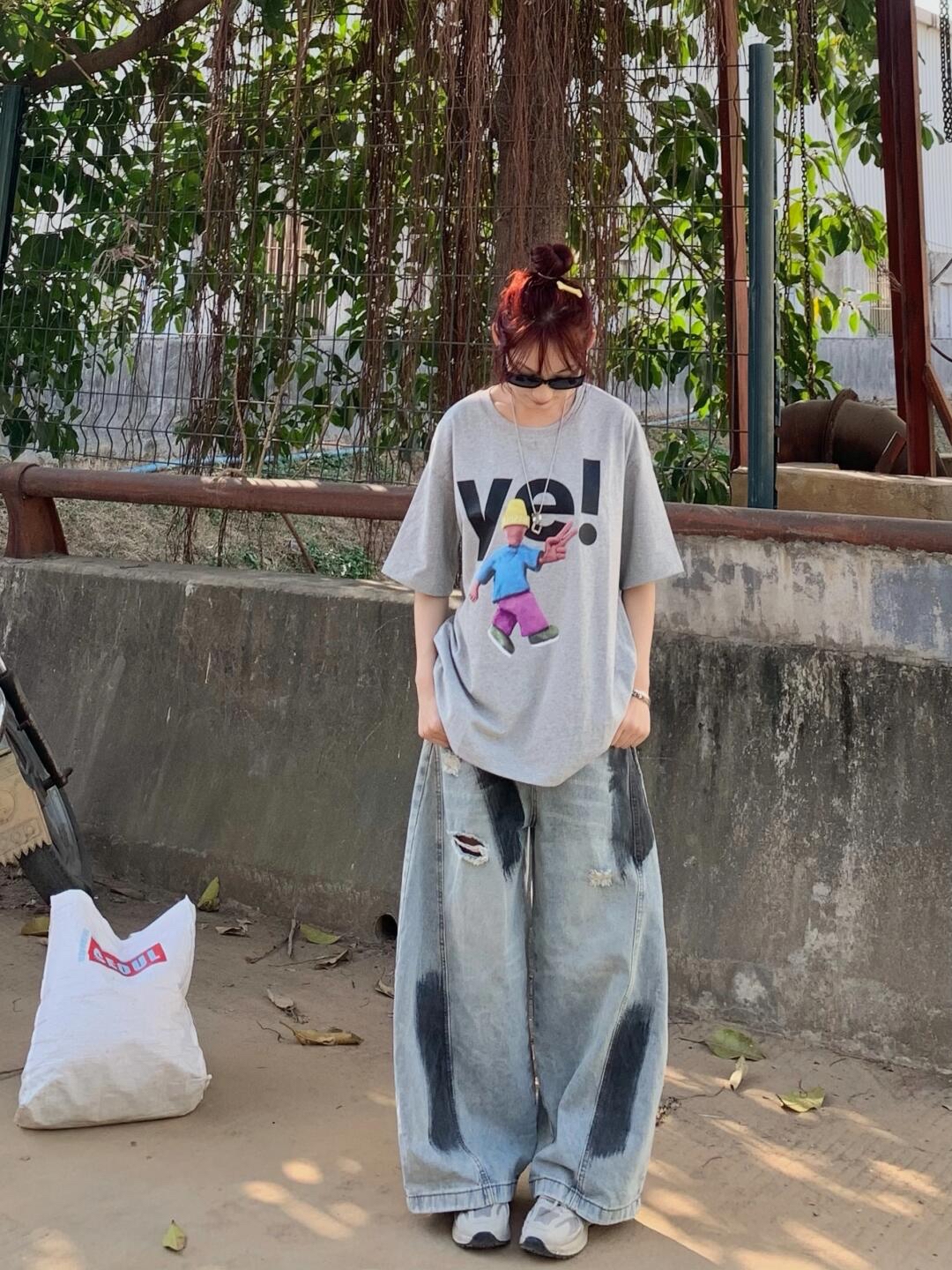 High-quality pure cotton 200g combed tight 100% cotton live broadcast same product front printed loose short-sleeved T-shirt for women