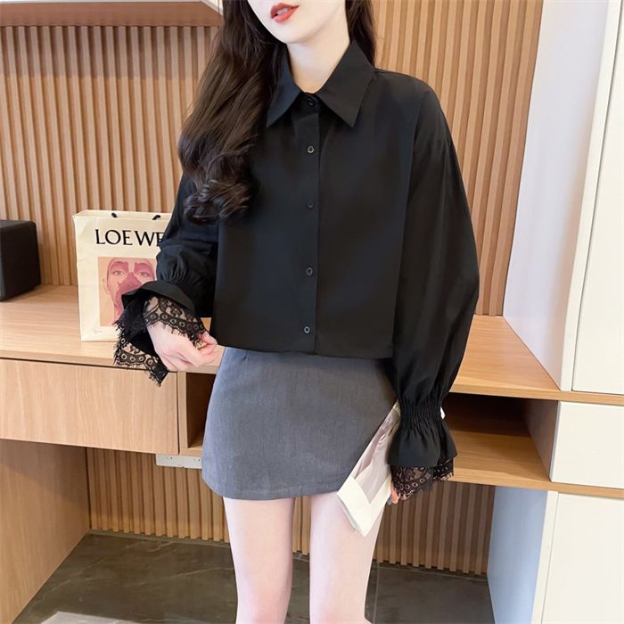 Real photo original style thin sunscreen flared sleeve shirt high-end design lace splicing top shirt shirt