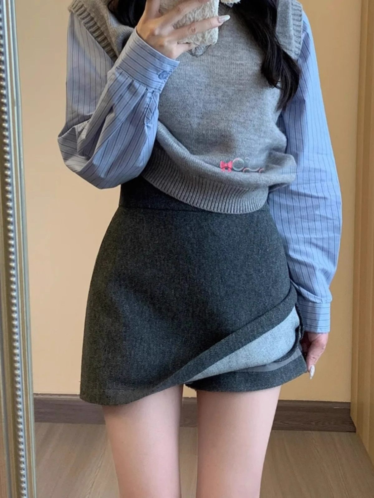 深灰色半身裙女秋冬新款百搭顯瘦高腰裙子防走光a字毛呢短裙