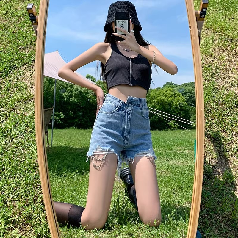不規則高腰牛仔短褲女夏季新款寬鬆闊腿破洞顯瘦百搭熱褲子