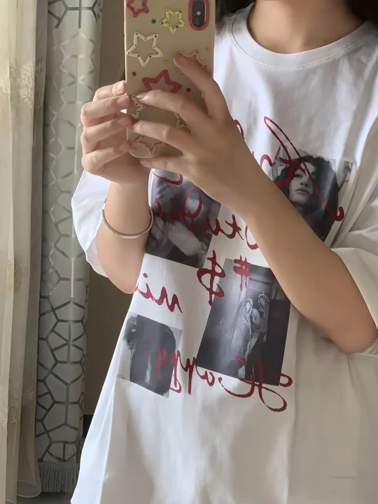 High-quality pure cotton 200g combed tight 100% cotton live broadcast same product front printed loose short-sleeved T-shirt for women