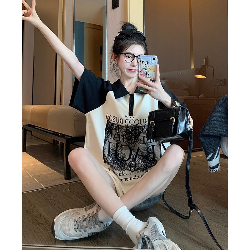 Official picture of pearl ground short-sleeved T-shirt for women's summer 2025 medium-length loose lace lapel trendy top large size women's clothing 200 catties